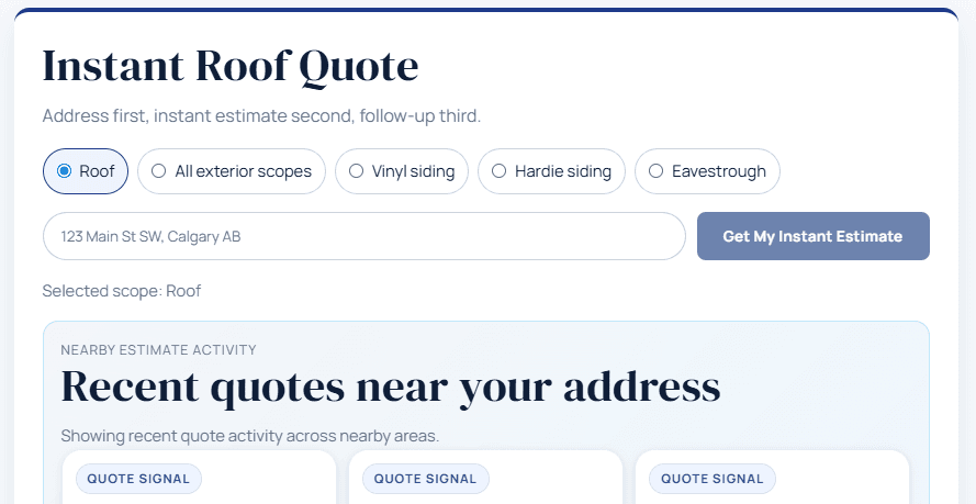 Instant roof quote interface for Calgary roofing estimates